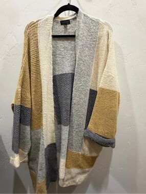 Topshop Colorblock Open Knit Cardigan in Gray, Cream & Mustard